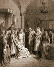 Vintage engraving showing King Athur reading the letter from Elaine a scene from Arthurian Legend.
