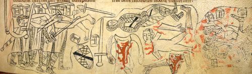 A 13th century cloth depiction of the mutilation of de Montfort's body after the Battle of Evesham